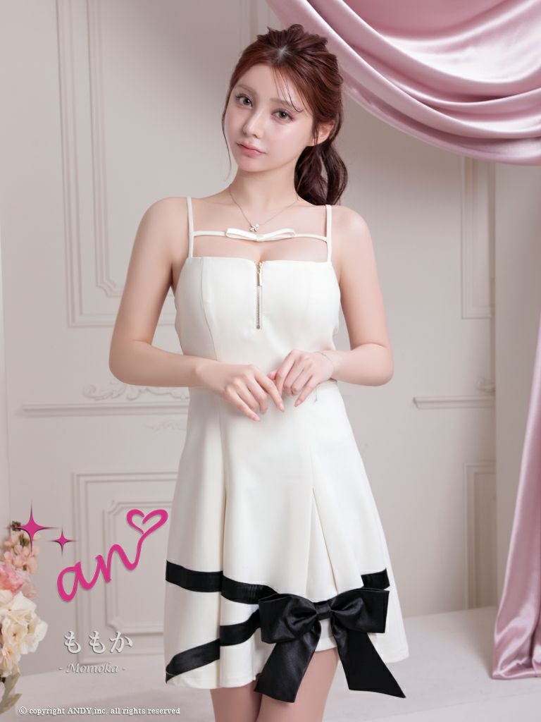 キャバドレス an アン　高級キャミソールジップリボンワンカラーガーリーフレアミニドレス