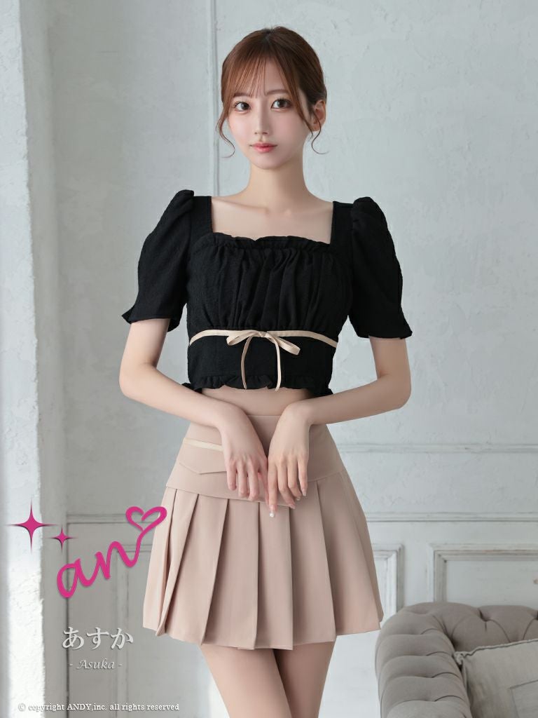 キャバドレス an アン　高級半袖セットアップウエストリボンバイカラーフレアミニドレス