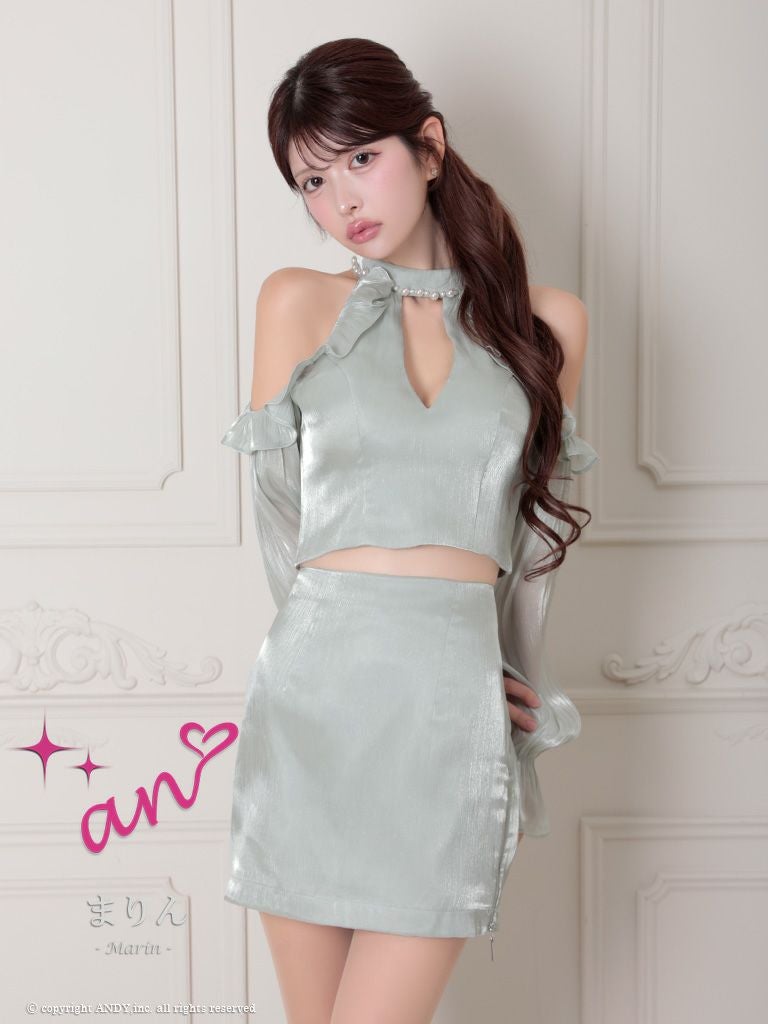 キャバドレス an アン　高級セットアップホルターネック肩あき長袖ジップパールフリルバストカットタイトミニドレス