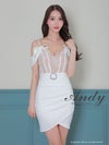 キャバドレス Andy アンディ　高級キャミソール肩あきリボンウエストベルト花柄レースタイトミニドレス