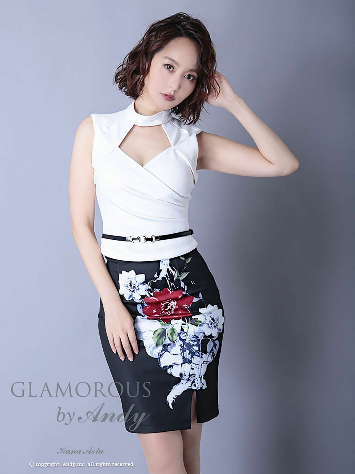 キャバドレス AndyGLAMOROUS アンディグラマラス　高級ノースリーブセットアップウエストベルト花柄デザインバストカットタイトミニドレス
