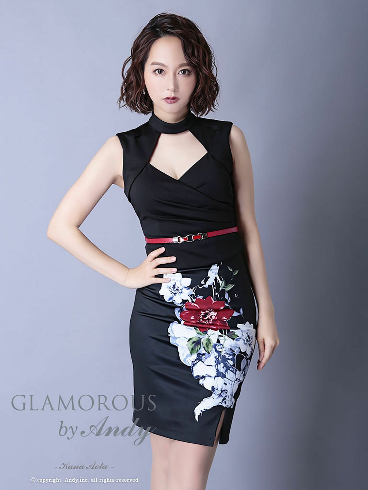 キャバドレス AndyGLAMOROUS アンディグラマラス　高級ノースリーブセットアップウエストベルト花柄デザインバストカットタイトミニドレス