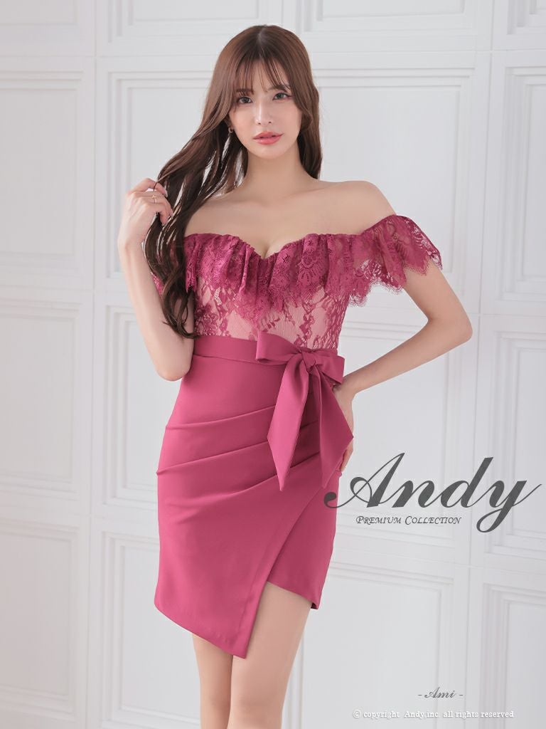 キャバドレス Andy アンディ　高級オフショルダー花柄レースウエストリボンワンカラータイトミニドレス
