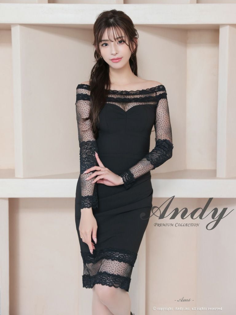 キャバドレス Andy アンディ　　高級長袖オフショルダードット柄レースワンカラータイト膝丈ドレス