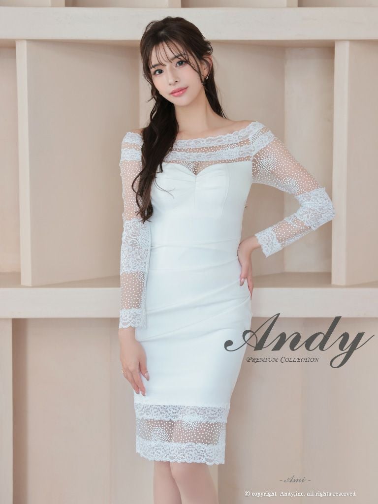 キャバドレス Andy アンディ　高級長袖オフショルダードット柄レースワンカラータイト膝丈ドレス