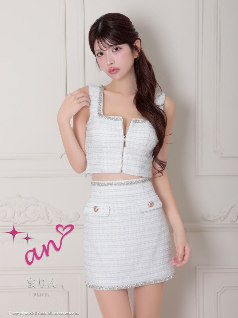 キャバドレス an アン　高級ノースリーブセットアップラメツイードジップポケットデザインビジュースクエアネックタイトミニドレス