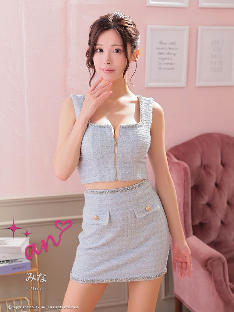 キャバドレス an アン　高級ノースリーブセットアップラメツイードジップポケットデザインビジュースクエアネックタイトミニドレス