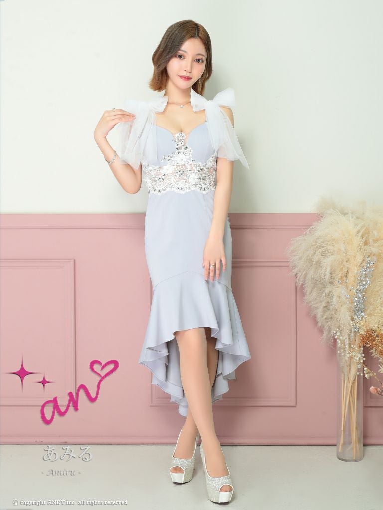 キャバドレス an アン　高級ショルダーリボンキャミソールフラワービジューデザインくびれロングテールドレス