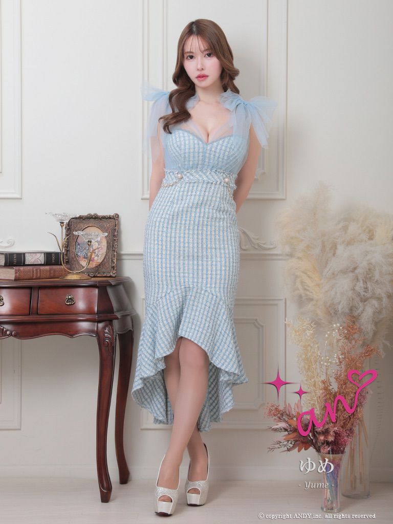 キャバドレス an アン　高級ノースリーブチュールショルダーリボンツイードチェック柄ゴールドチャームロングテールドレス