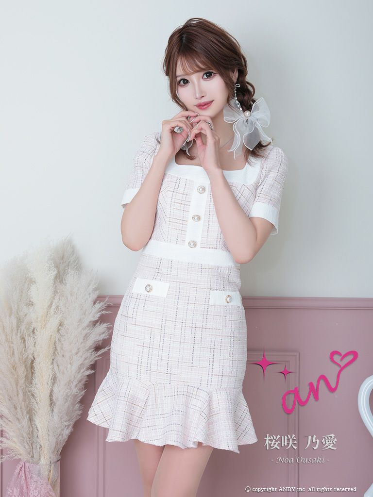 キャバドレス an アン　高級半袖チェック柄ツイードパールボタンスクエアネック裾フリルタイトミニドレス