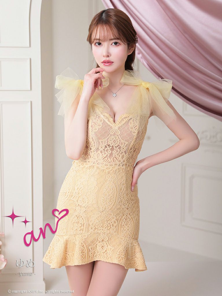 キャバドレス an アン　高級ノースリーブチュールショルダーリボンレー裾フリルタイトミニドレス