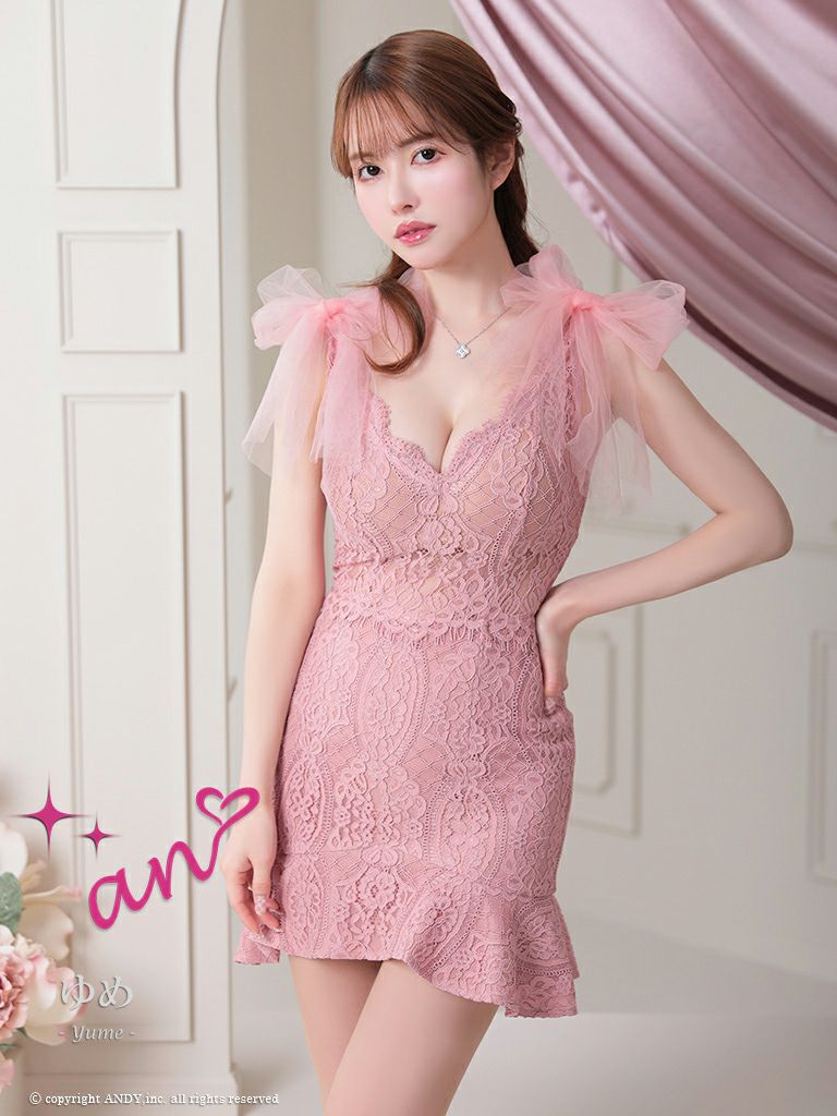 キャバドレス an アン　高級ノースリーブチュールショルダーリボンレー裾フリルタイトミニドレス