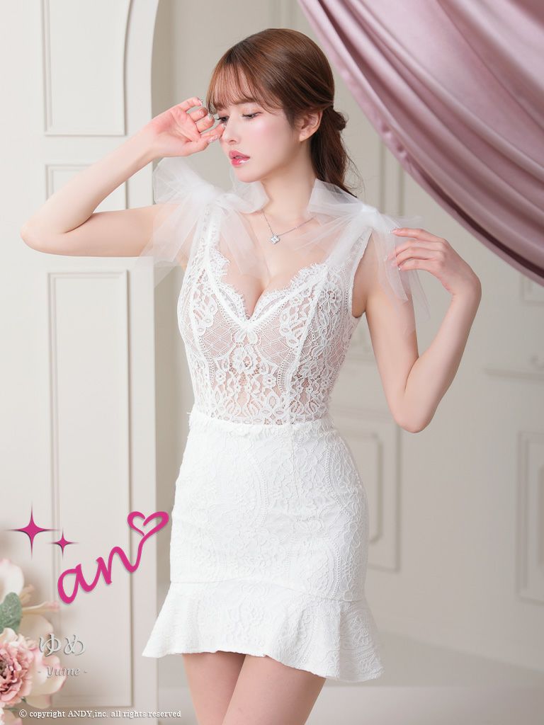キャバドレス an アン　高級ノースリーブチュールショルダーリボンレー裾フリルタイトミニドレス