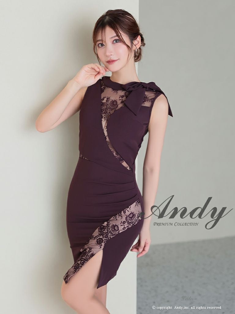 キャバドレス Andy アンディ　高級ノースリーブウエストカットリボンフラワーレーススリットシンプルタイトミニドレス