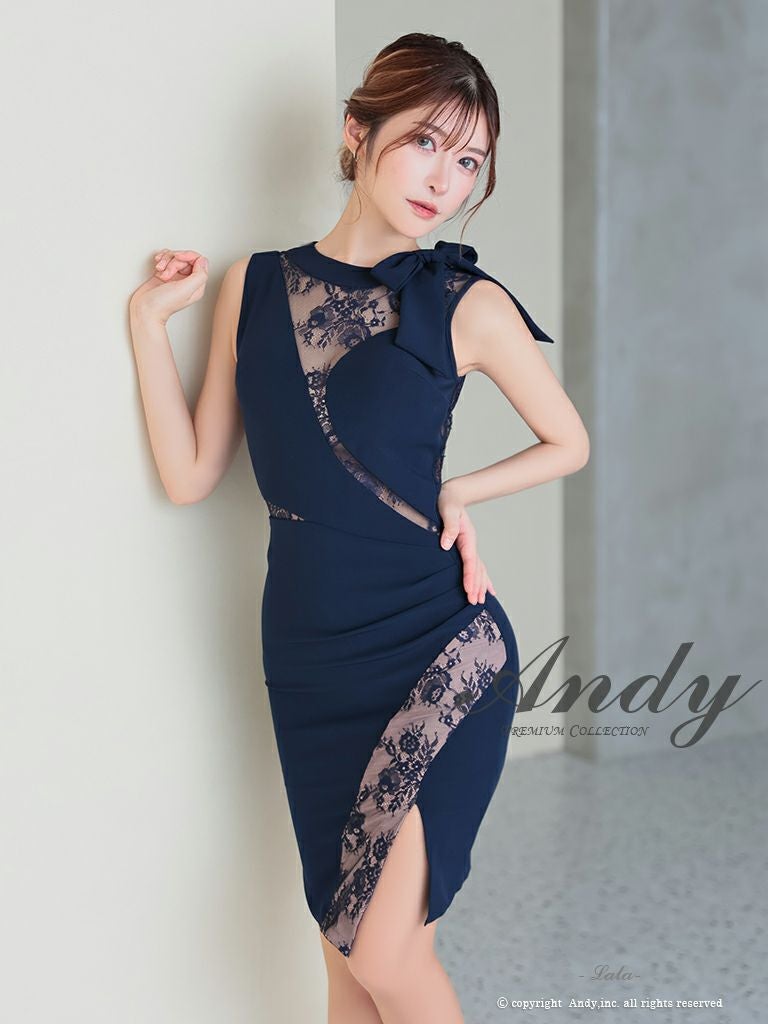 キャバドレス Andy アンディ　高級ノースリーブウエストカットリボンフラワーレーススリットシンプルタイトミニドレス