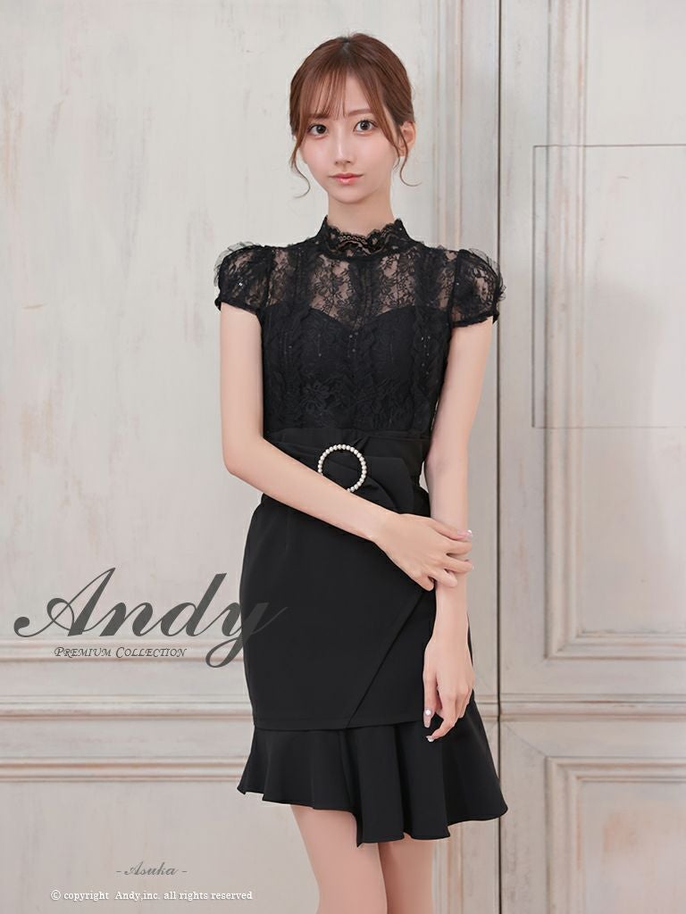 キャバドレス Andy アンディ　高級半袖花柄レースウエストベルト裾フリルタイトミニドレス