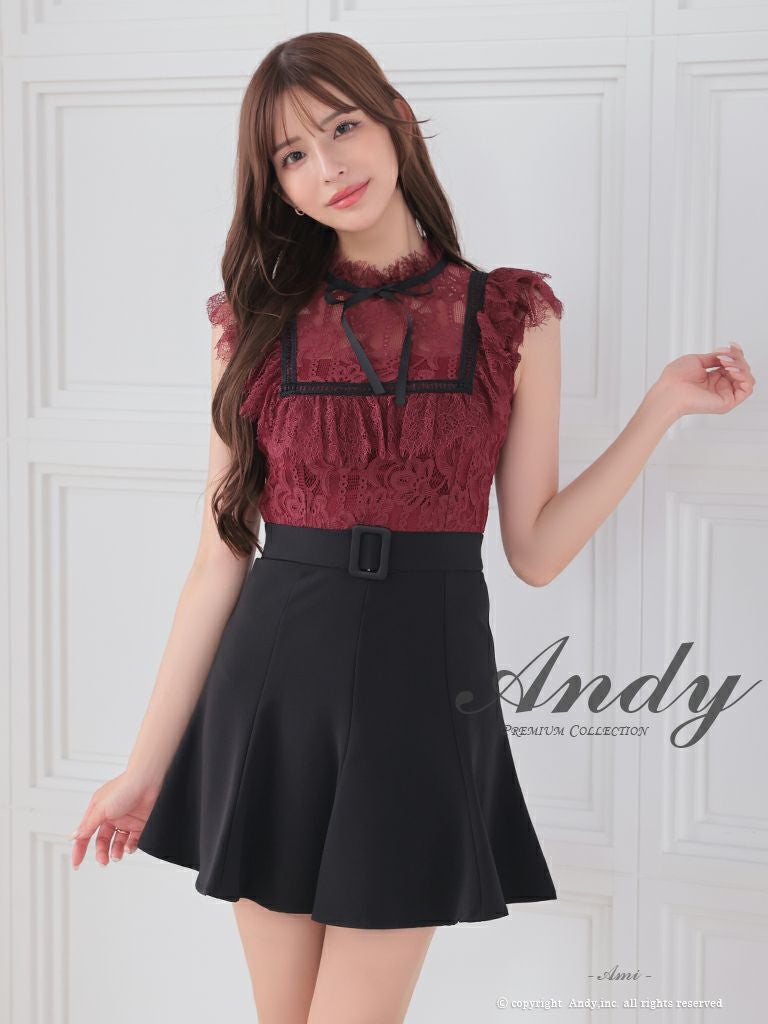 キャバドレス Andy アンディ　高級ノースリーブネックリボンウエストベルトフラワーレースフレアミニドレス