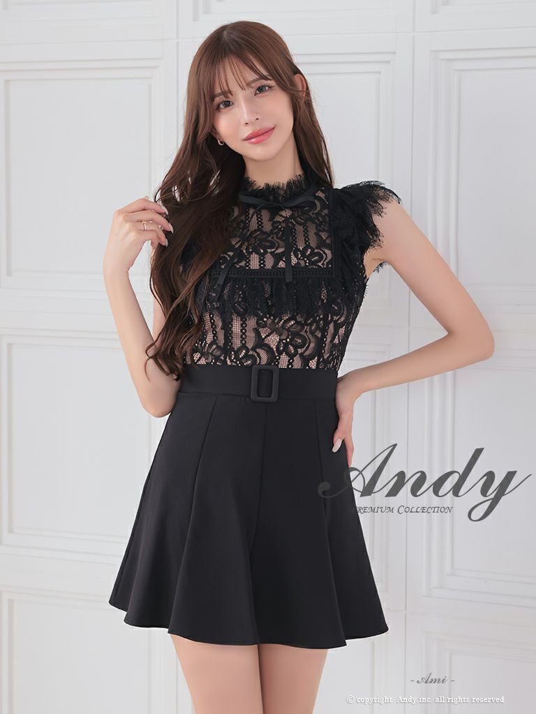 キャバドレス Andy アンディ　　高級ノースリーブネックリボンウエストベルトフラワーレースフレアミニドレス