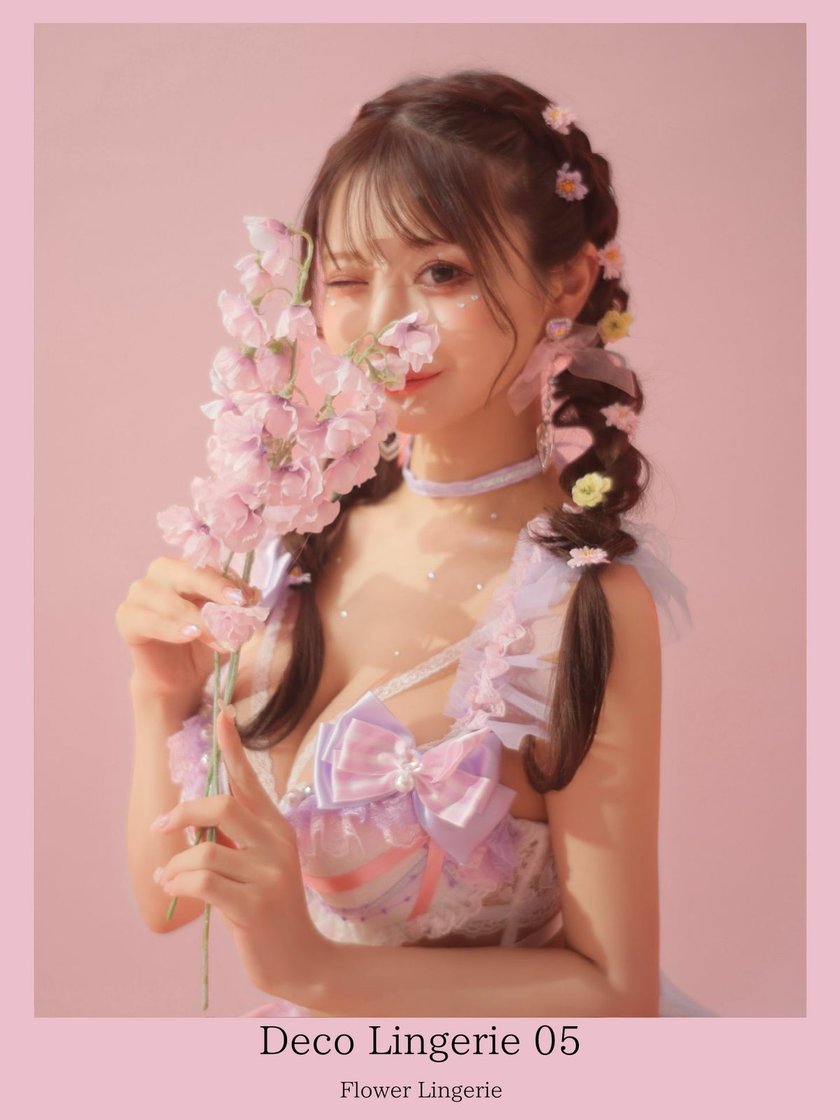 DecoLingerie  デコランジェリー 高級パステルカラーレースパールリボンランジェリー5点セット［ブラジャー/Tバックショーツ/チョーカー/カフス/ウエストフリル]