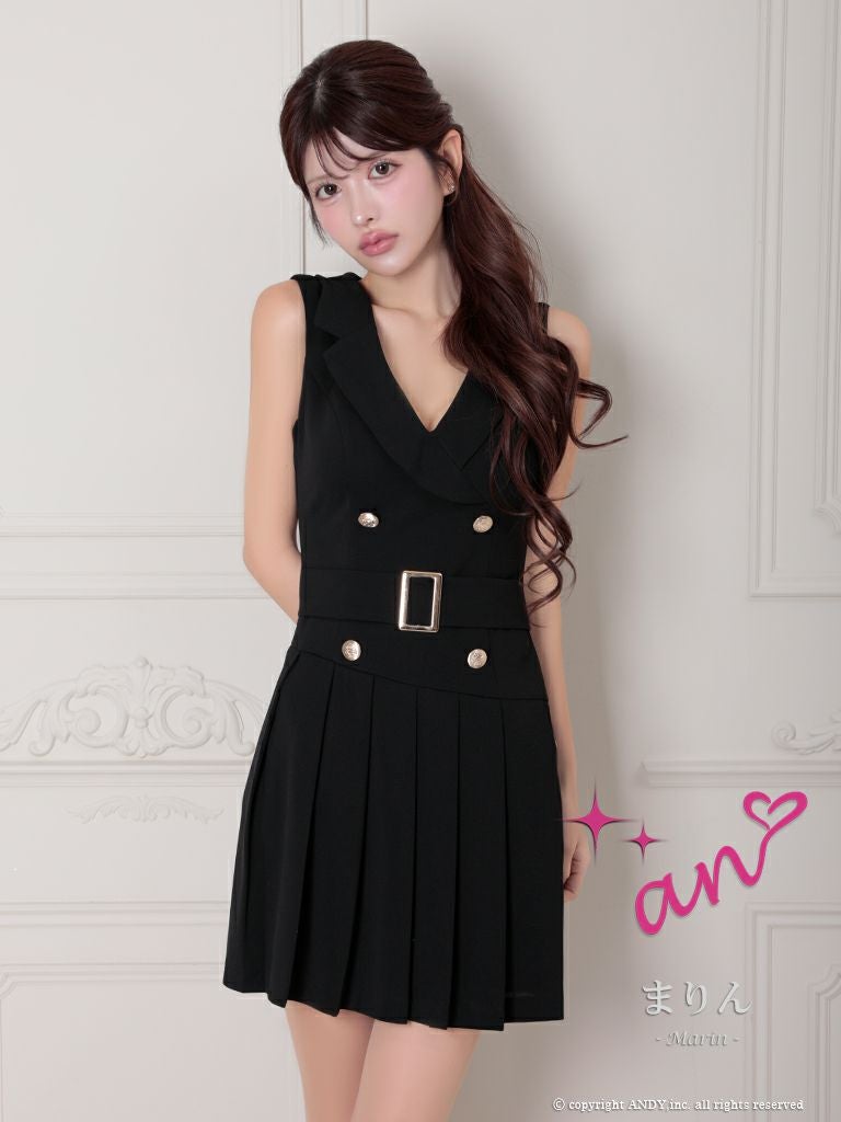 キャバドレス an アン　高級ノースリーブ襟デザインウエストベルトゴールドボタンフレアミニドレス