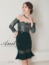 キャバドレス Andy アンディ　高級デコルテシアー袖ありウエストベルト花柄レースタイト膝丈ドレス