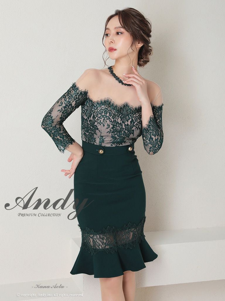 キャバドレス Andy アンディ　高級デコルテシアー袖ありウエストベルト花柄レースタイト膝丈ドレス