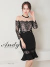 キャバドレス Andy アンディ　高級デコルテシアー袖ありウエストベルト花柄レースタイト膝丈ドレス