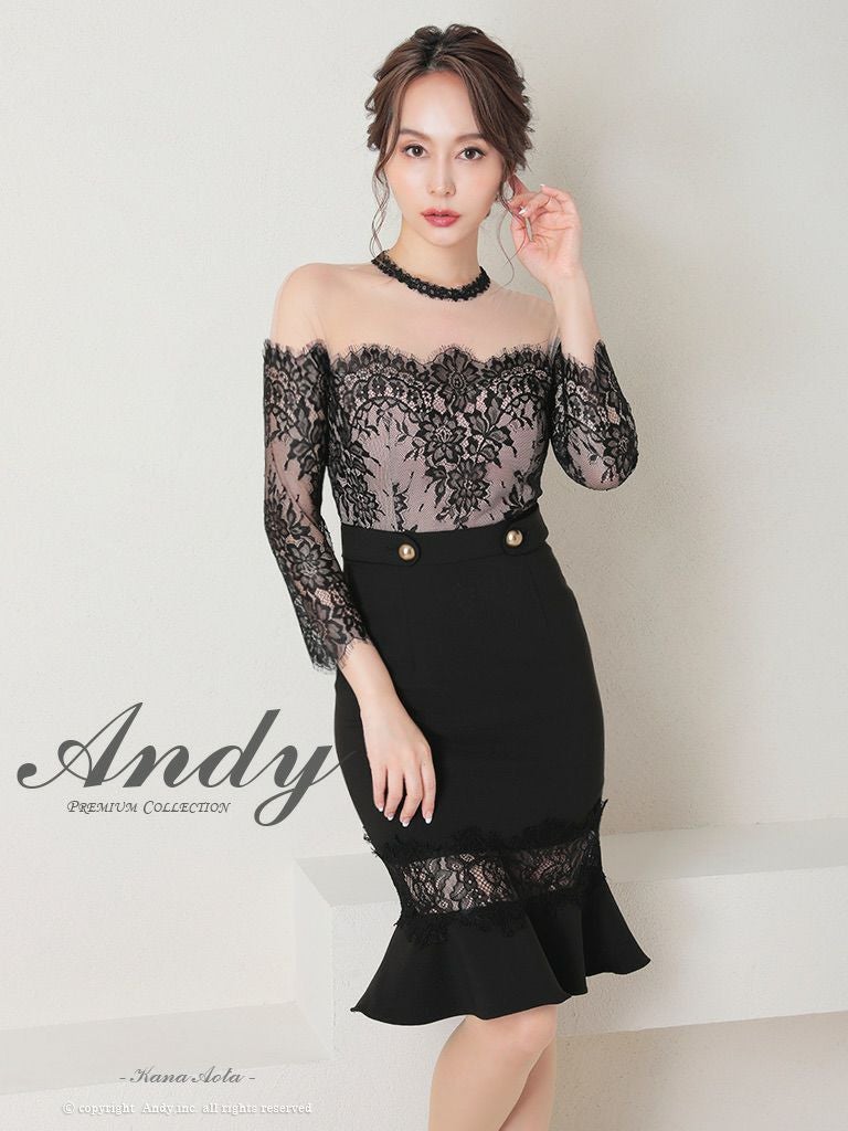 キャバドレス Andy アンディ　高級デコルテシアー袖ありウエストベルト花柄レースタイト膝丈ドレス