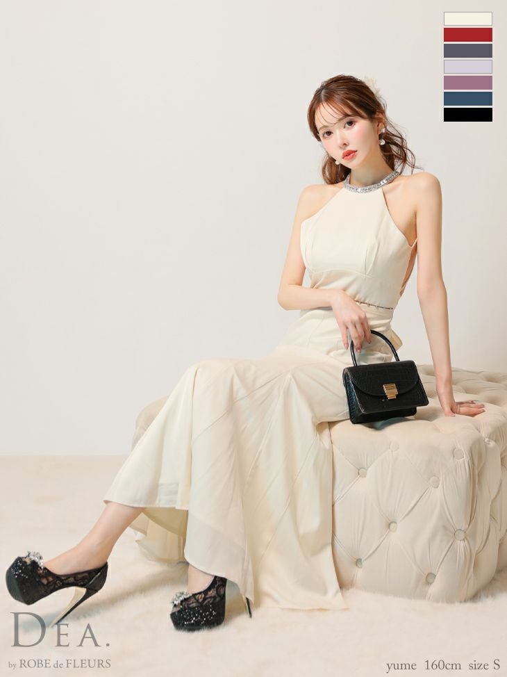 キャバドレス ロングドレス DEA.byROBEdeFLEURS ディアバイローブドフルール　高級ビジューバックオープンウエストリボンサテンホルターネックワンピースAラインロングドレス