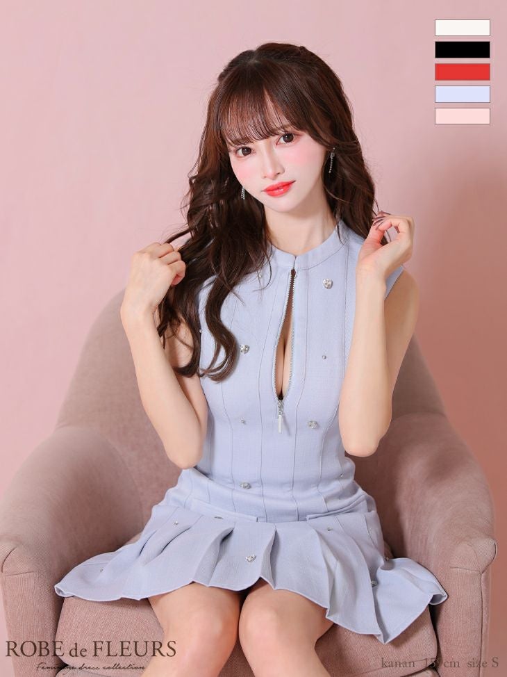 キャバドレス ミニドレス ROBEdeFLEURS ローブドフルール　高級ノースリーブジップハートビジューポケット風デザインフレアミニドレス