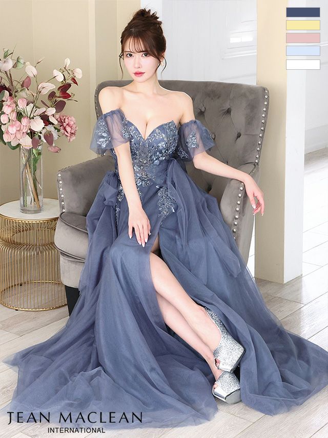 キャバドレス ロングドレス JEANMACLEAN ジャンマクレーン高級刺繍フラワースパンコールレースオフショルダーチュールスリットAラインロングドレス