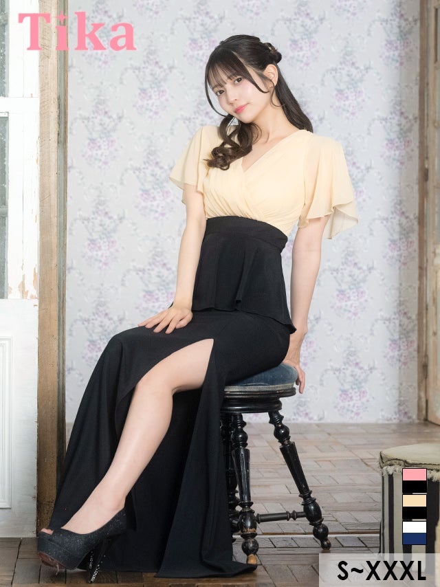 キャバドレス ロング丈 大きいサイズ ロングドレス タイト 袖あり ペプラム 体型カバー