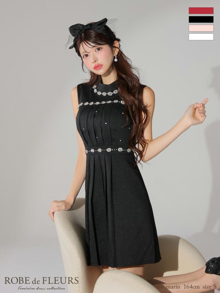 キャバドレス ミニドレス ROBEdeFLEURS ローブドフルール高級ツイードノースリーブオフネックビジューフレアミニドレス