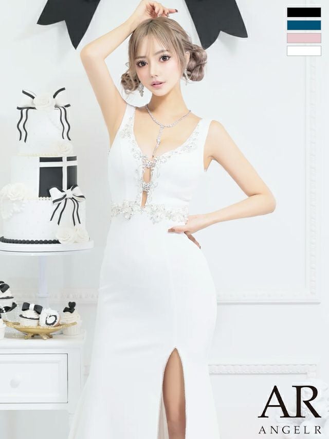 キャバドレス ロングドレス Angel-R エンジェルアール  高級ノースリーブフラワービジューパールスリットゴージャスタイトロングドレス