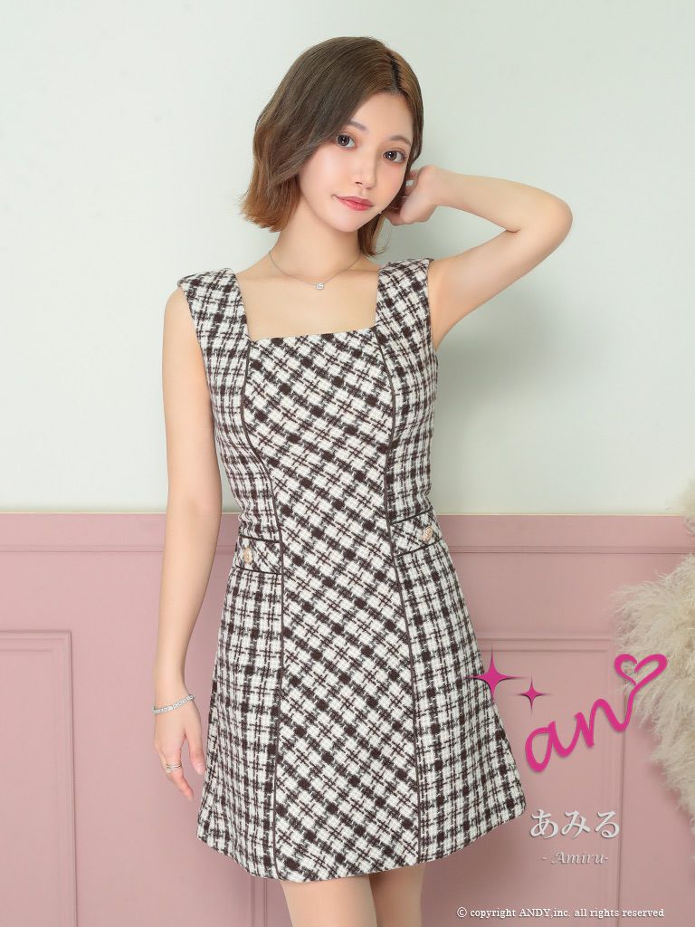 キャバドレス an アン 高級チェック柄ノースリーブスクエアネックボタンチェーンフレアミニドレス