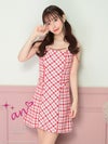 キャバドレス an アン　高級チェック柄ノースリーブスクエアネックボタンチェーンフレアミニドレス