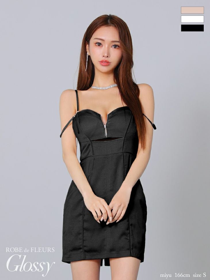 キャバドレス ミニドレス ROBEdeFLEURSGlossy ローブドフルールグロッシー　高級キャミソールウエストカットジップフェイクスエードタイトミニドレス