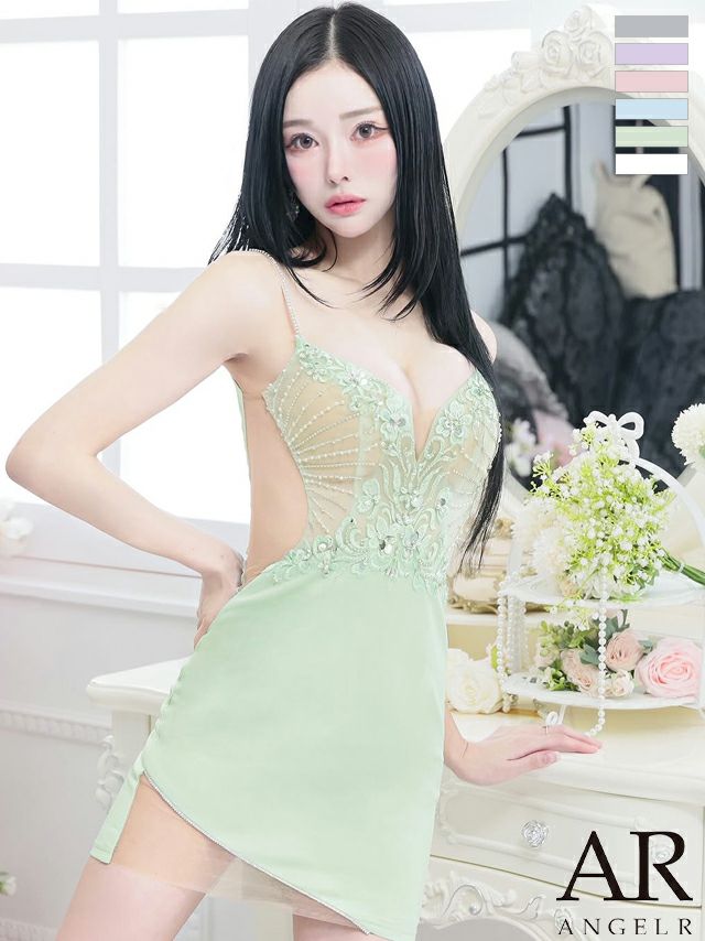 キャバドレス ミニドレス Angel-R エンジェルアール 　高級キャミソール刺繍レースデザインくびれビジュータイトミニドレス