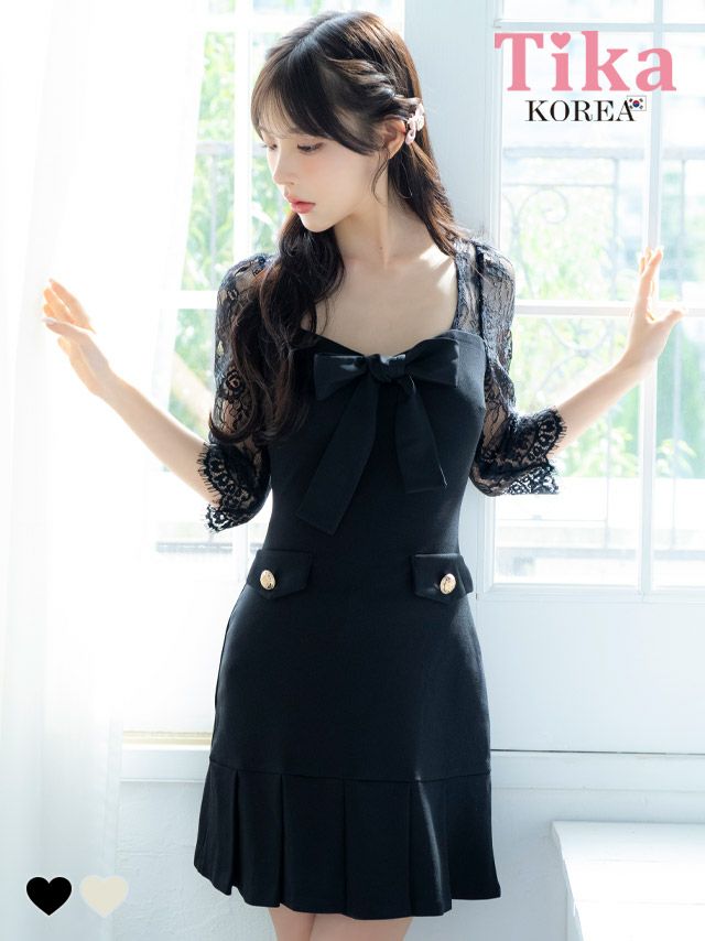 メイン画像 キャバドレス 韓国 ミニドレス 袖あり 五分袖 レース バストリボン ボックスプリーツ 黒 タイト キャバドレス (緩苺着用) [tk-mdk134a]