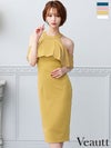 キャバドレス 膝丈ドレス Veautt/ヴュート高級肩あきホルターネックジップシンプルワンカラータイト膝丈ドレス
