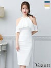 キャバドレス 膝丈ドレス Veautt/ヴュート高級肩あきホルターネックジップシンプルワンカラータイト膝丈ドレス