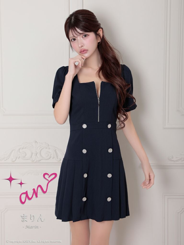 キャバドレス an アン　高級半袖ジップスクエアネックボタンプリーツフレアミニドレス