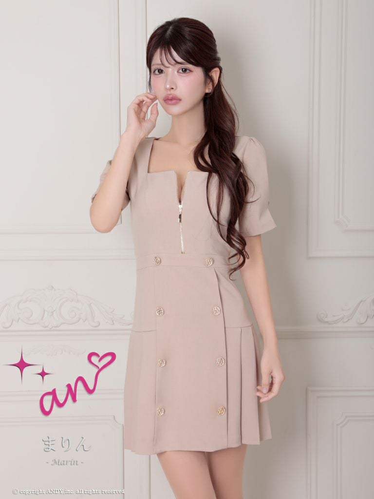 キャバドレス an アン　高級半袖ジップスクエアネックボタンプリーツフレアミニドレス