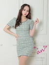 キャバドレス an アン　高級半袖チェック柄ツイードチェーンタイトミニドレス