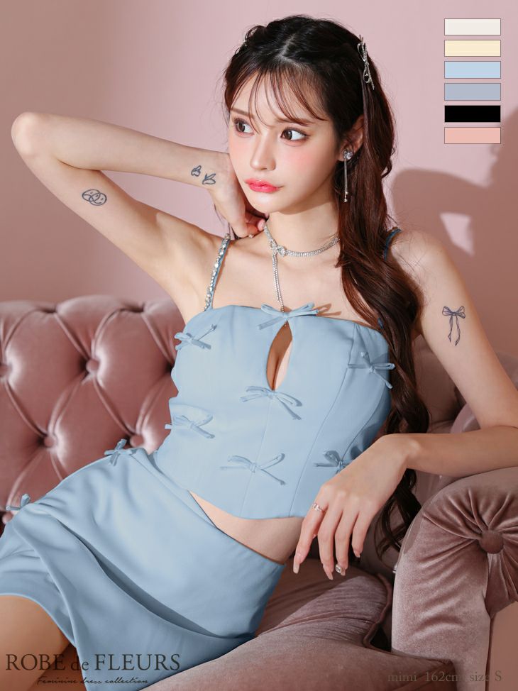 キャバドレス ミニドレス ROBEdeFLEURS ローブドフルール　高級ビジューバストカットキャミソールセットアップリボンタイトミニドレス