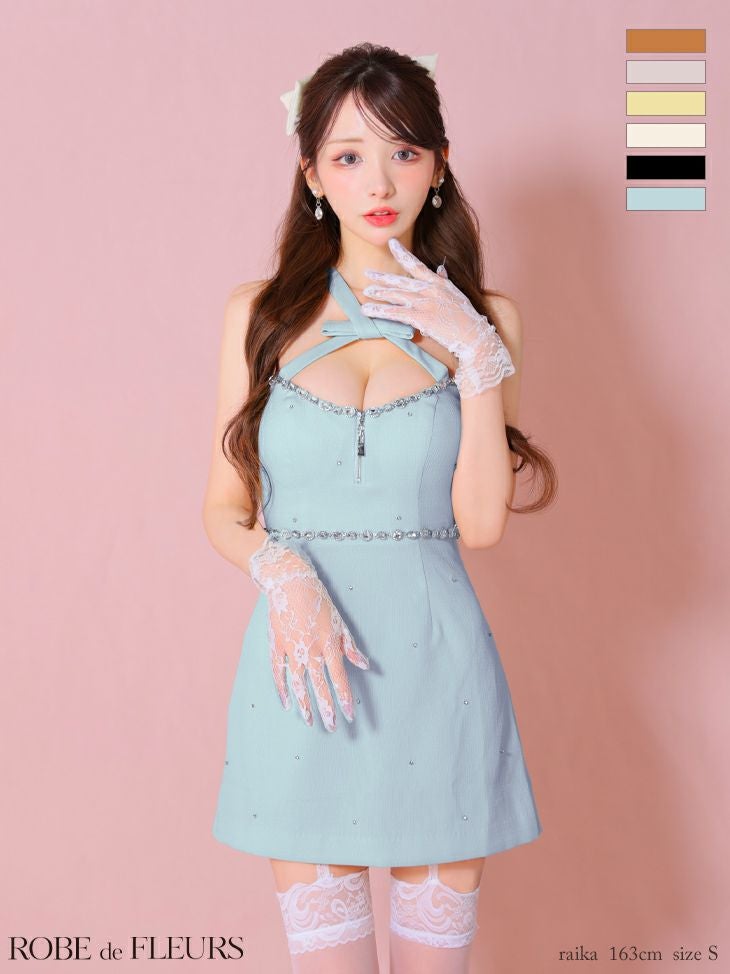 キャバドレス ミニドレス ROBEdeFLEURS ローブドフルール　高級ホルターネックリボンジップビジューキュートフレアミニドレス