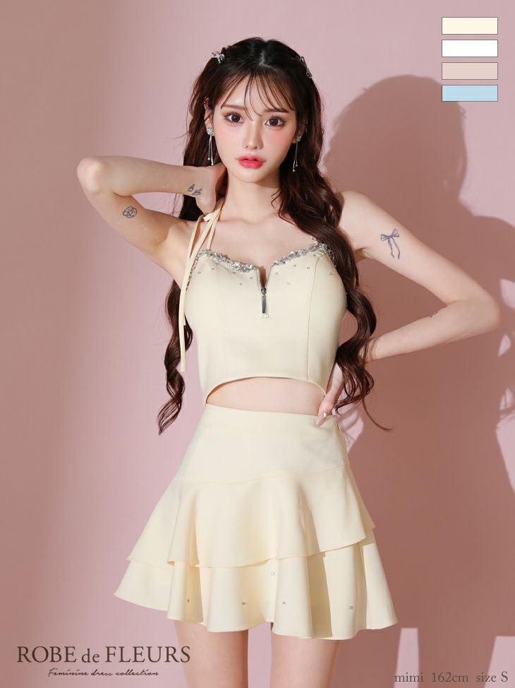 キャバドレス ミニドレス ROBEdeFLEURS ローブドフルール　高級ホルターネックアシンメトリーリボンジップセットアップビジューフリルフレアミニドレス