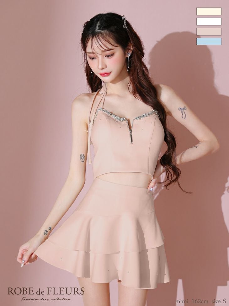 キャバドレス ミニドレス ROBEdeFLEURS ローブドフルール　高級ホルターネックアシンメトリーリボンジップセットアップビジューフリルフレアミニドレス