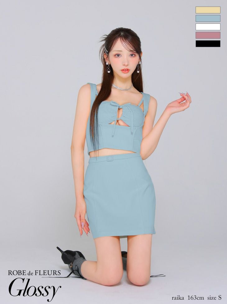 キャバドレス ミニドレス ROBEdeFLEURSGlossy ローブドフルールグロッシー　高級バストカットノースリーブセットアップウエストベルトワンカラータイトミニドレス