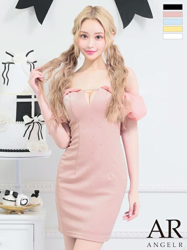 キャバドレス ミニドレス Angel-R エンジェルアール 　高級オフショルダーフリルドット柄ビジューストーンバストカットタイトミニドレス